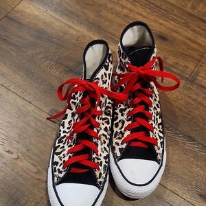 Converse Leopard Print High-Top Sneakers with Red Laces